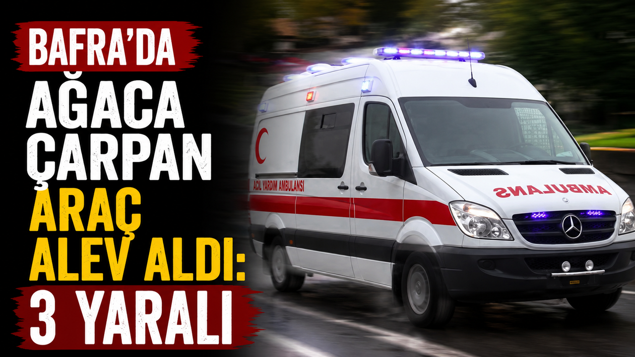 Bafra'da ağaca çarpan araç alev aldı: 3 yaralı